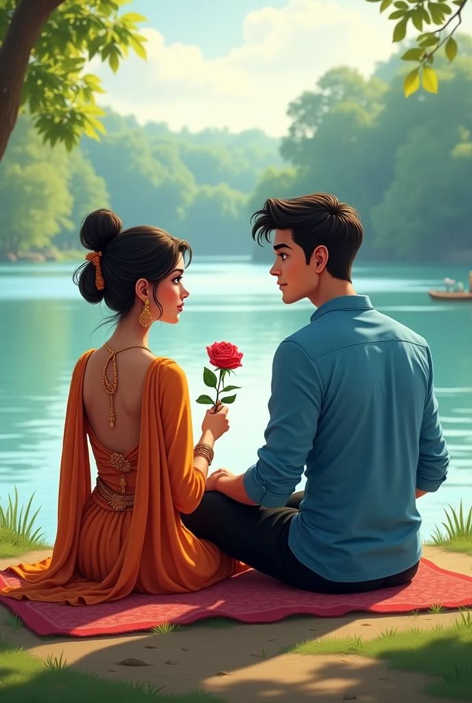 Ak talab hai jiske par pe ak ladka aur ak ladki baithe hai ,ladka Jo ki bahut sunder hai jisne nila rang ka shirt aur kala rang ka pent pahna ho ladka ke hanth me ak gulab ho , aur ladki salwarsut pahna ho aur har pahena ho lekin uska sir bander jaise ho