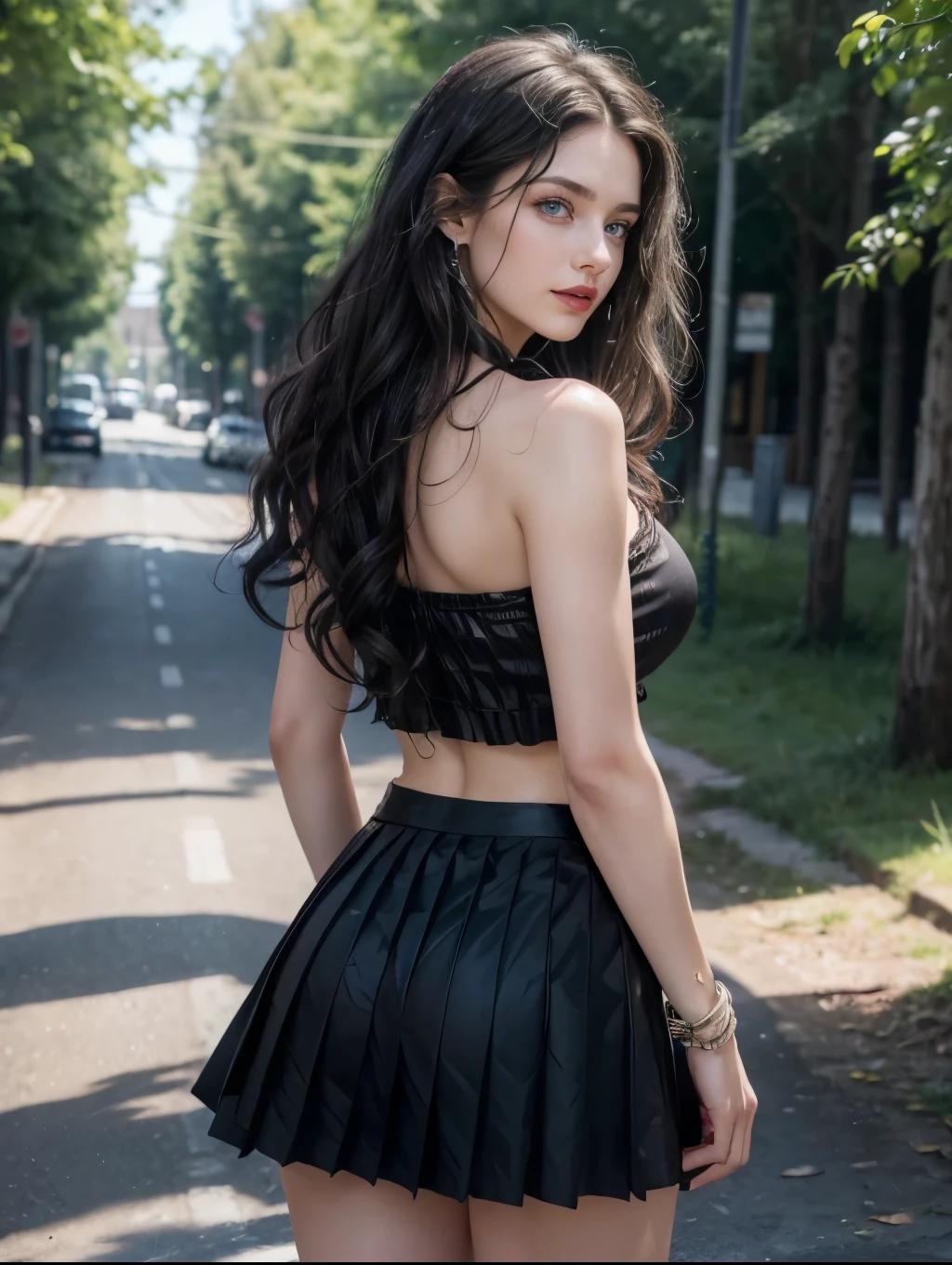 Caucasian woman; ((black hair)), (((wavy hair))), ((long hair)), hair parted in the middle; ((blue eyes)), ((lined eyes)), ((highlight blue eyes)), Bright eyes, (eyes with reflections); ((red lipstick)), (bright lips), constitute; smile, ((athletic body)), ((medium breasts)), (((legs))); (standing); (((black top))), ((strapless top)), (Texture top)), (((black skirt)), ((pleated skirt)), (Texture skirt); earrings, necklace, bracelets; high quality, artistic shot, In a rural town, with wooden houses and many trees, back, buttocks, ass, back view, shot from behind.