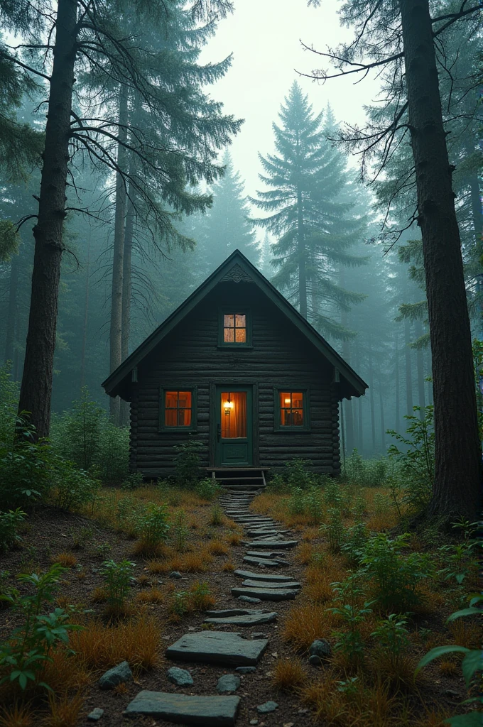Small cabin in the woods in disrepair post apocalyptic