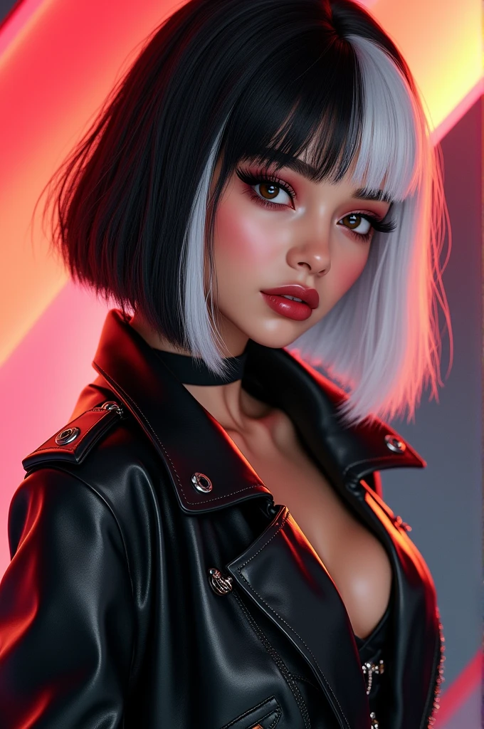 Kpop girl idol with olive brown skin colour.
And non korean 
Her hair colour black and white stylish hair...
And fat