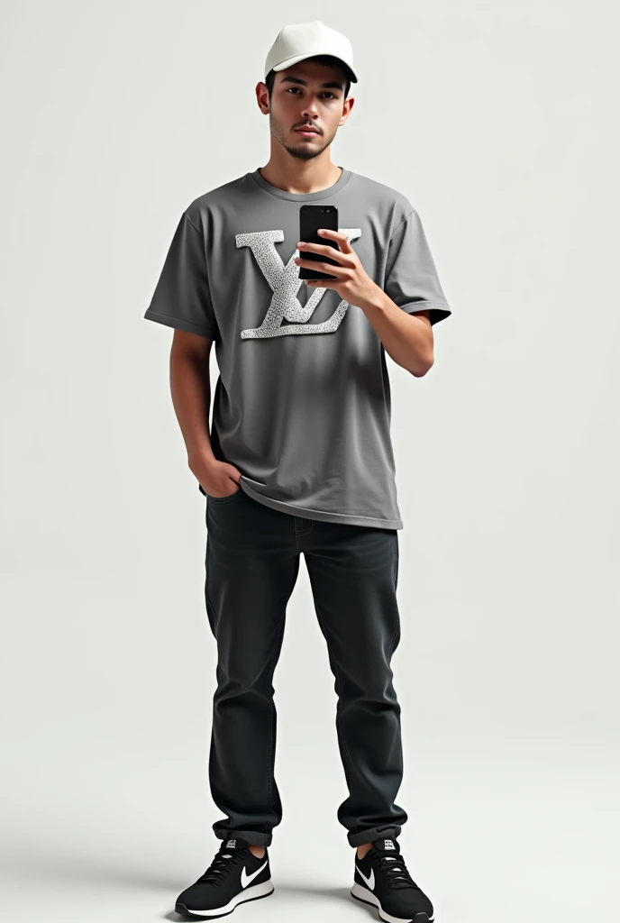 Realistic image of a young white man, Louis Vuitton grey shirt with melted effect logo, all white cap with curved brim and adjusted to the height of the eyebrow, black jeans and black Nike sneakers. This young man is taking a selfie