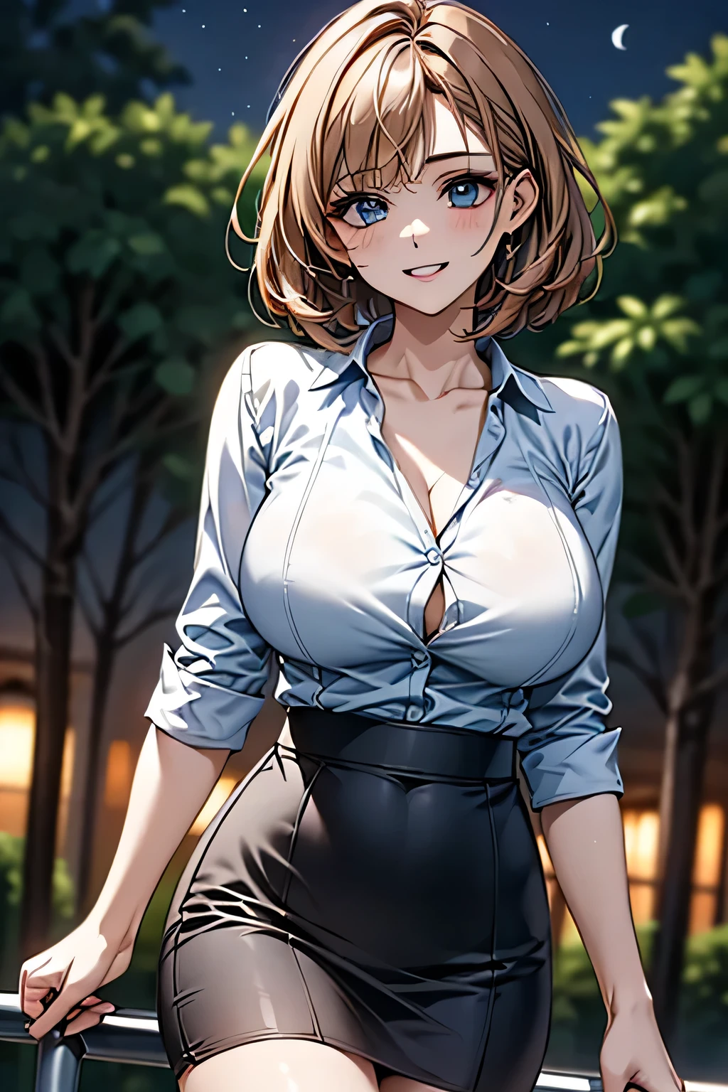 (1 Beauty), beautiful, Great face and eyes, cosmetics, (Extremely delicate beautiful face), (Sexiest Looks), (beautiful big breasts:1.1), (Highest quality:1.4), (Super detailed), (Very detailed CG synthesis 8k wallpaper), Very detailed, Original photo, Professional photography, ((suit)), (Tight Skirt), (Open collar business shirt), Outdoor, ((Night Forest)), (Night Sky), Depth of written boundary