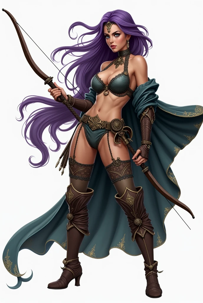Create a purple haired character in medieval style lingerie with big ass and boobs holding a crossbow with a realistic defiant and confident look .