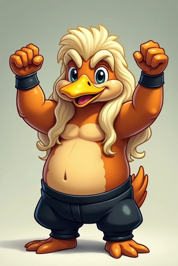 Cartoon platypus dressed like wcw wrestler Diamond Dallas Paige. DDP
Cartoon Platypus head. Cartoon Platypus arms. Cartoon Platypus hands. Cartoon Platypus body. Cartoon Platypus tail. Cartoon Platypus face. Duck bill. Duck feet.
Long curly blonde hair. Short blonde mustache. Short brown beard. Black pants. no shirt. Arms and hands raising in victory