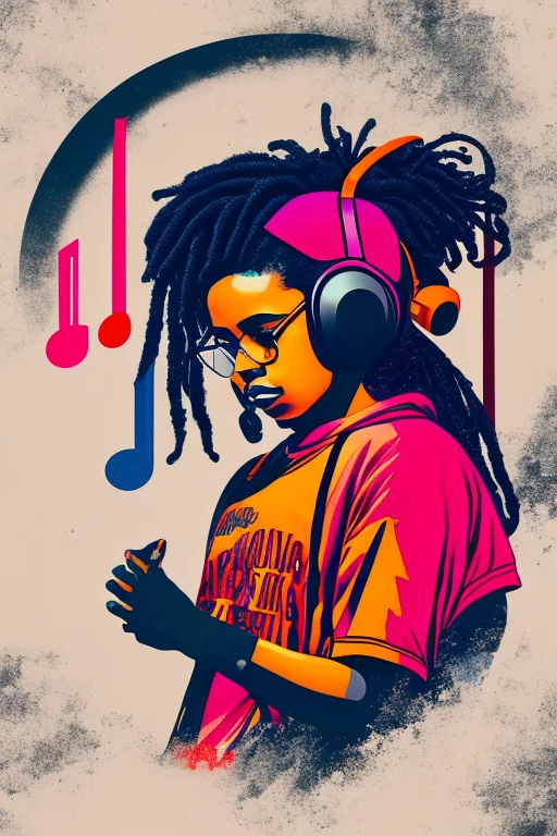 A background filled with scattered musical notes in various sizes and colors、
Creative logo illustration of a silhouette with dreadlocks and red headphones,
A background completely filled with scattered musical notes in various sizes and colors, covering the entire screen.
beautiful girl colorful image
Dance hiphop Dance CREW Waacking Dance
Punking
black medium hair black medium hair
Five fingers Baggy clothes Baggy clothes