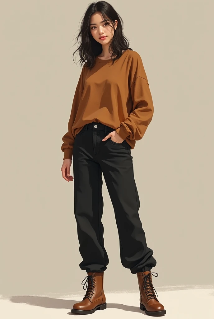 girl wearing brown top , black pant , and brown boots , Not skinny jeans, pant