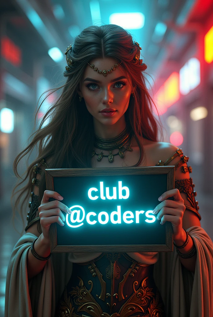 a greek goddess named Athena holding a sign that says "Club @C0ders", intricate detailed portrait, highly detailed, 8k, hyperrealistic, volumetric lighting, dramatic cinematic lighting, dramatic lighting, digital art, concept art, artstation, by artgerm and greg rutkowski and lois van baarle, elegant, beautiful, detailed eyes, detailed lips, extremely detailed face, long eyelashes, flowing hair, ornate armor, mythological figure, computer programming, futuristic background, neon lights, glowing neon, sci-fi elements, complex background, intricate details, photorealistic, masterpiece, best quality