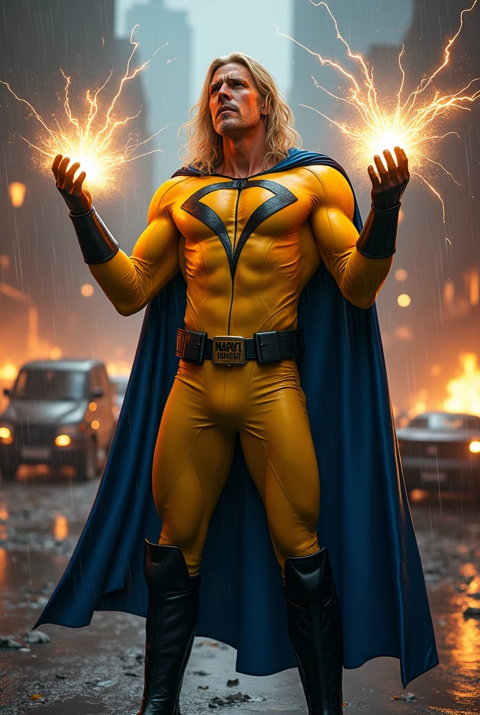A man with long blond hair wearing a yellow leather jumpsuit yellow corset over his jumpsuit blue cape black boots and gloves long boots up to his knees wide black gym belt in a dark apocalyptic rainy city cars and buildings on fire magic in his hands knees screaming exhausted after an extensive battle magic in his hands blue cape (((Marvel's Sentry lookout logo on his suit)))