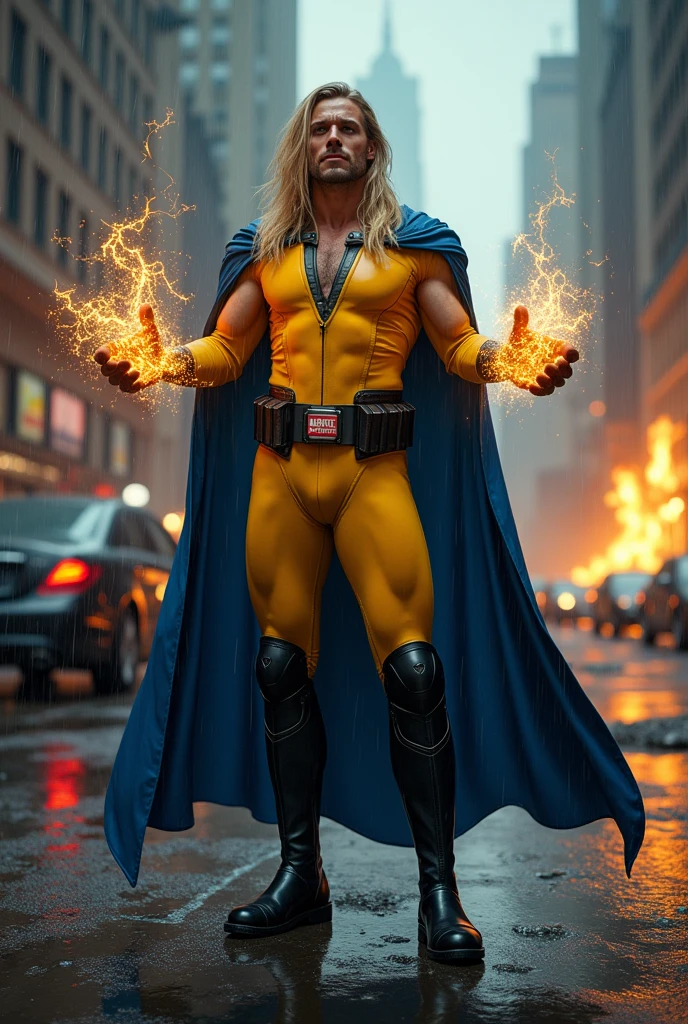 A man with long blond hair wearing a yellow leather jumpsuit yellow corset over his jumpsuit blue cape black boots and gloves long boots up to his knees wide black gym belt in a dark apocalyptic rainy city cars and buildings on fire magic in his hands knees screaming exhausted after an extensive battle magic in his hands blue cape (((Marvel's Sentry lookout logo on his suit)))