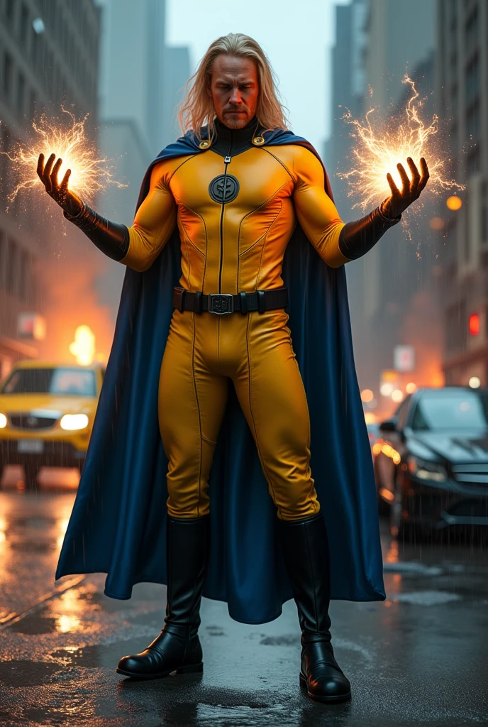 A man with long blond hair wearing a yellow leather jumpsuit yellow corset over his jumpsuit blue cape black boots and gloves long boots up to his knees wide black gym belt in a dark apocalyptic rainy city cars and buildings on fire magic in his hands knees screaming exhausted after an extensive battle magic in his hands blue cape (((Marvel's Sentry lookout logo on his suit)))