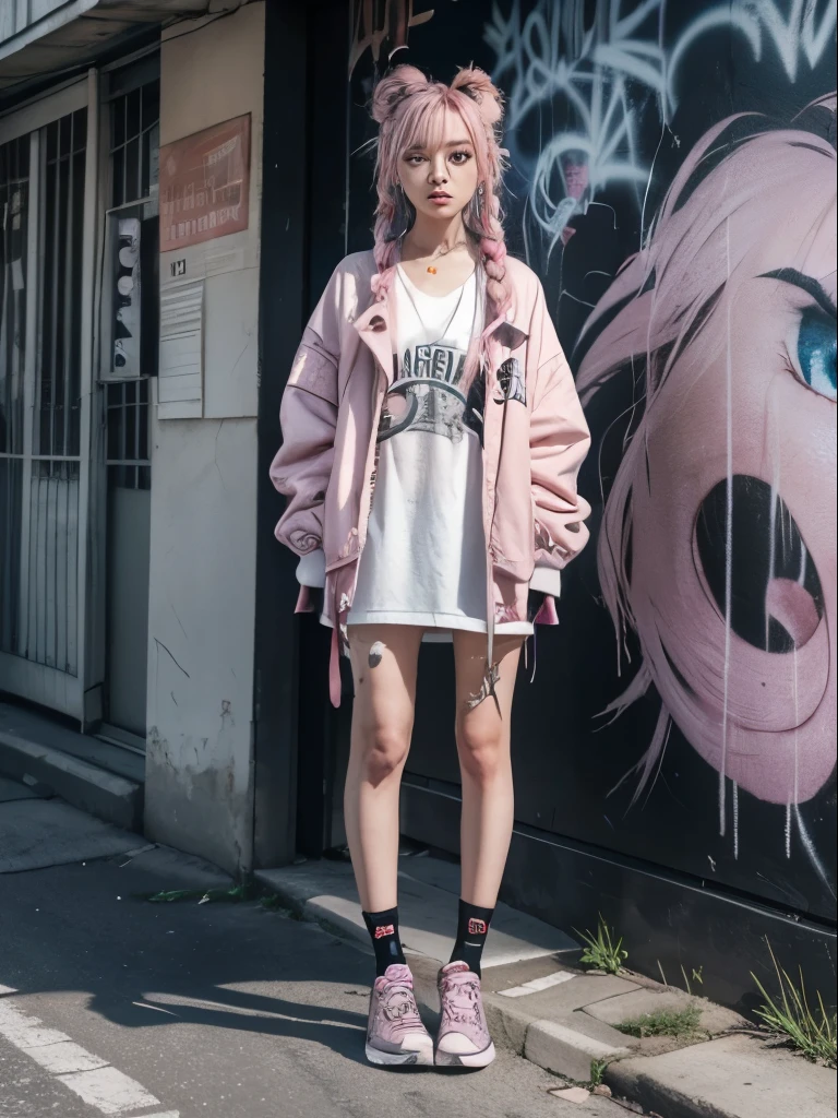 step piece, best qualityer, best illustration, ultra detali,Kizi, long pink pink hair, crazy baddie Kizi, Cool black open short jacket, Neck tatoo, Messy and faded hair, side braided hair,nuts, standing with a strange feeling, abandoned street graffiti wall background,knee socks, peculiar sneakers, eye shadow,unusual colored eyes, Eyes of fear, vivid eyes, cool shot
