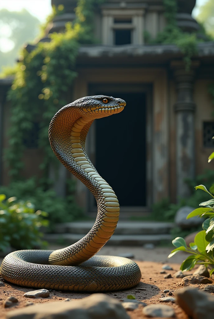 Ek Indian cobra ka photo Jo fan fela kar
dekh rha h or is k background me purana mandir h jis par vanaspati bhi aagai photo animation jesa nhi real lagna chahiye
