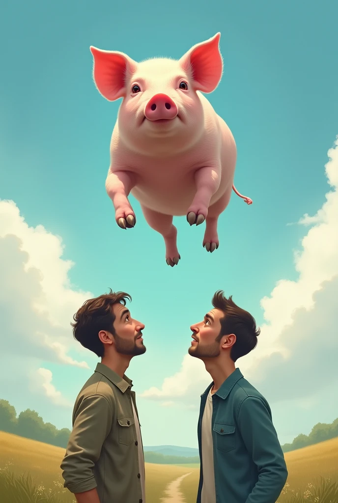 Two men encounter a pig floating in the sky.