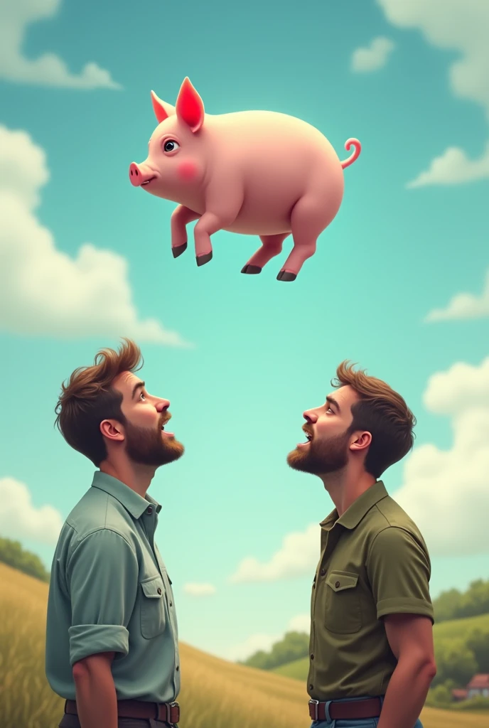 Two men encounter a pig floating in the sky.