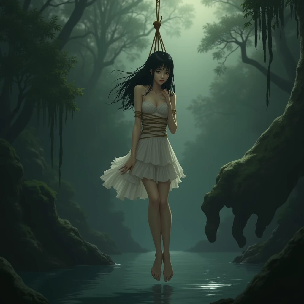 a young woman, delicate and beautiful woman with long, straight jet black hair, Porcelain skin, She is wearing a little transparent white dress, Her beautiful white skin shines. She is completely tied up ((his entire body tied in a fetal position)) and the rope hangs his body, almost touching some green waters where a large hand emerges, eagerly waiting to touch the woman, around there trees and fog, at night in a dark forest. golden glow. animated art