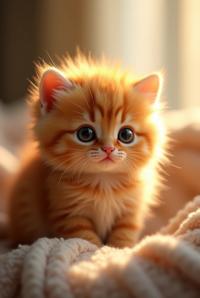 A very fluffy and adorable kitten with soft, golden fur that glows warmly in the light. The kitten has large, round eyes that give it an irresistibly cute expression. The fur is dense and fluffy, almost like a little golden puffball, making the kitten look even more cuddly and tender. The scene captures the kitten sitting in a cozy, softly lit environment, with the light highlighting the richness of its golden fur and the softness of its texture.
