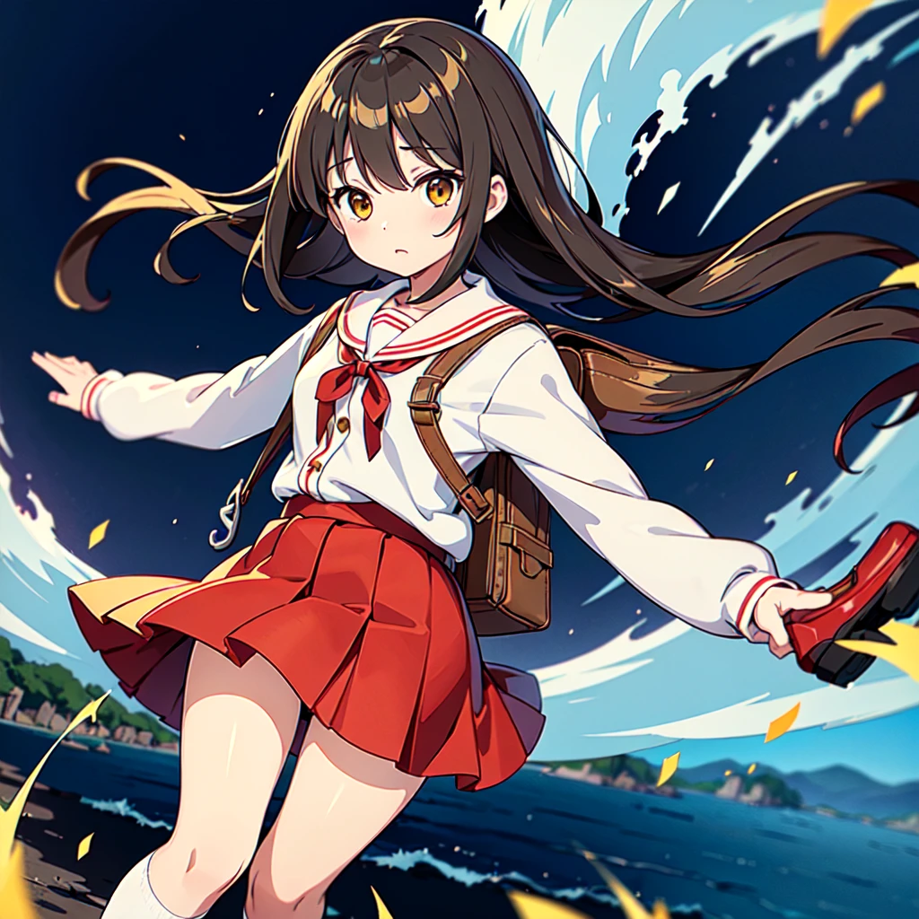 1girl,(((Perfect Anatomy、Highest quality、Masterpiece、Official Art、Super detailed、Dynamic structure、Anime Style)))、、Red dress with large yellow buttons around the waist、White Y-shirt、Red on the neck🎀、White knee-high socks、Brown Loafers、Carrying a red backpack、A soprano recorder is visible from the school bag.、Being buffeted by strong winds、Image from above、Strong wind blowing from the viewer's side、Strong wind blowing from the direction of travel, hair blowing back、Yellow simple background、Black Hair、storm、