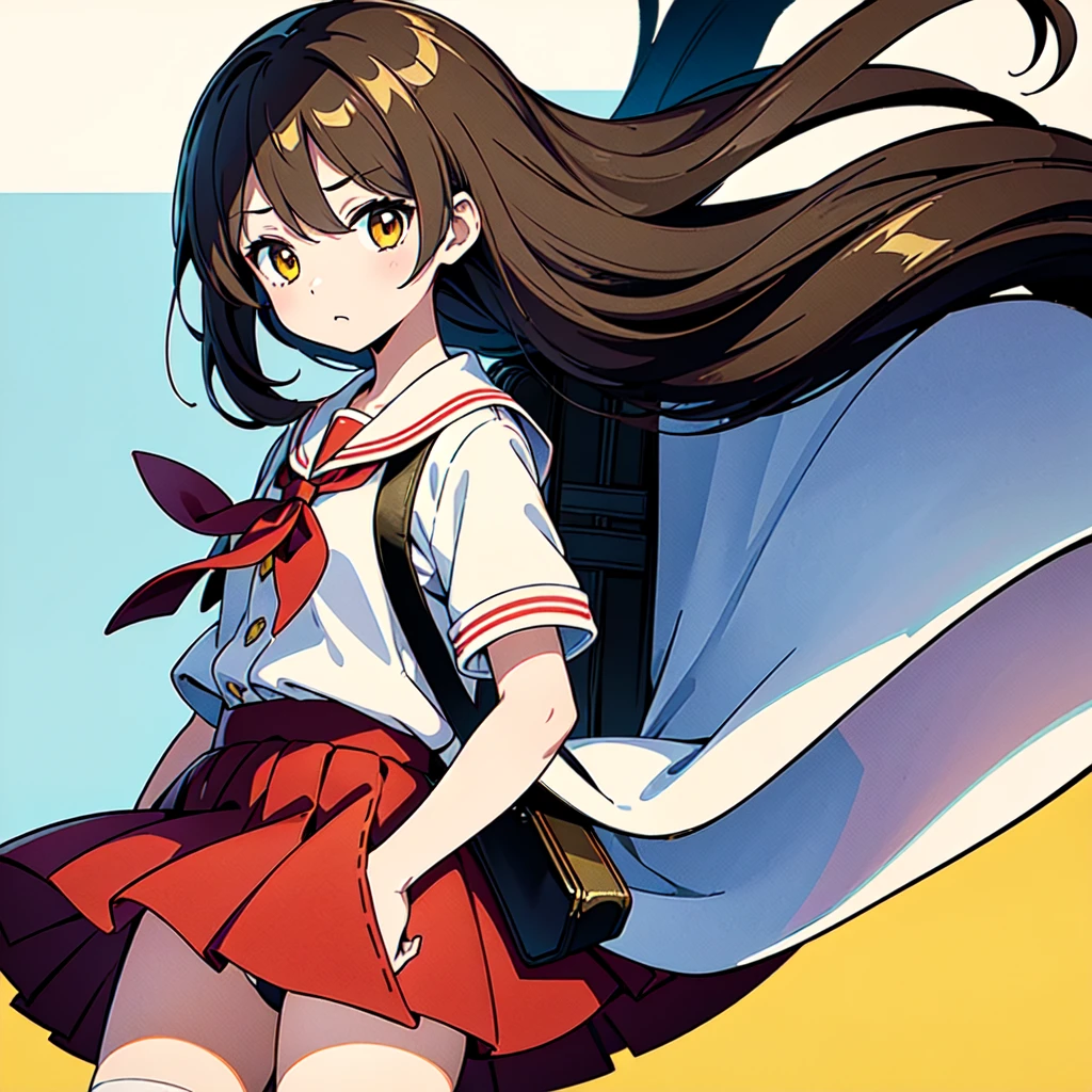1girl,(((Perfect Anatomy、Highest quality、Masterpiece、Official Art、Super detailed、Dynamic structure、Anime Style)))、Elementary school students、Red dress with large yellow ons around the waist、White Y-shirt、Red on the neck🎀、White knee-high socks、Brown Loafers、Carrying a red backpack、A soprano recorder is visible from the school bag.、Being buffeted by strong winds、Image from above、Strong wind blowing from the viewer's side、Strong wind blowing from the direction of travel, hair blowing back、Yellow simple background、Black Hair、storm、