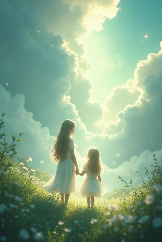 A girl and a boy ,in the beautiful imaginary place ,looks like heaven