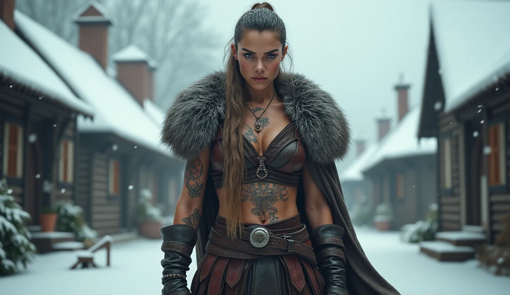 In the background of a background village, falling snow, an ultra-realistic woman viking strong, muscular, leather clothing, viking tattoos, stands in soft lighting. This photography-inspired composition captures the soft details of the subject, with ultra-high detail and cinematic aesthetics. With Octane rendering and Artstation's trending style, this 16k image is a masterpiece of ultra-realism and detail