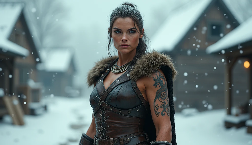 In the background of a background village, falling snow, an ultra-realistic woman viking strong, muscular, leather clothing, viking tattoos, stands in soft lighting. This photography-inspired composition captures the soft details of the subject, with ultra-high detail and cinematic aesthetics. With Octane rendering and Artstation's trending style, this 16k image is a masterpiece of ultra-realism and detail