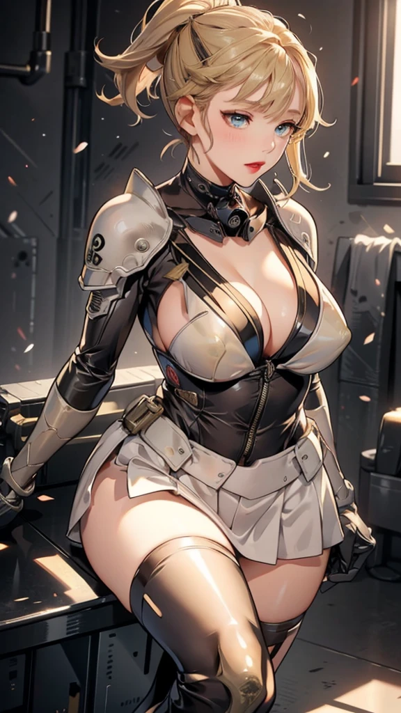 Red translucent armor,Arm mecha,blonde short hair,Long ponytail hairstyle,Large Breasts,Cleavage,Pistol hanging from waist,fighter pilot,fighter hangar,Sexy,lipstick,miss,Golden Eyes,stockings,Short skirt,Nipples exposed