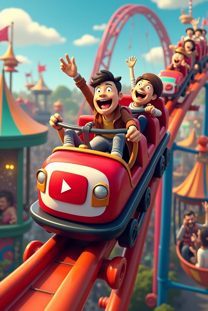 YouTube Shorts logo on a roller coaster going up with more people