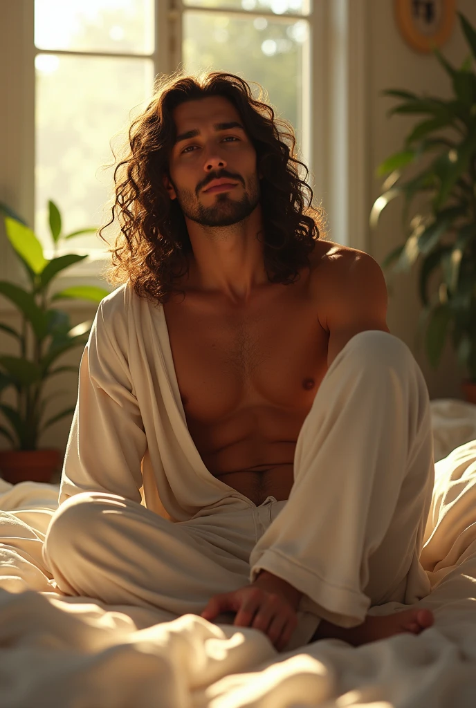 (photorealism:1.2), beautiful man, sitting on bed, wearing loose off-shoulder top, pajama pants, long curly hair, indoors, soft lighting, plants in background, window with sunlight, cozy room, relaxed pose, realistic, intricate details, warm colors, by Greg Rutkowski, by Alphonse Mucha