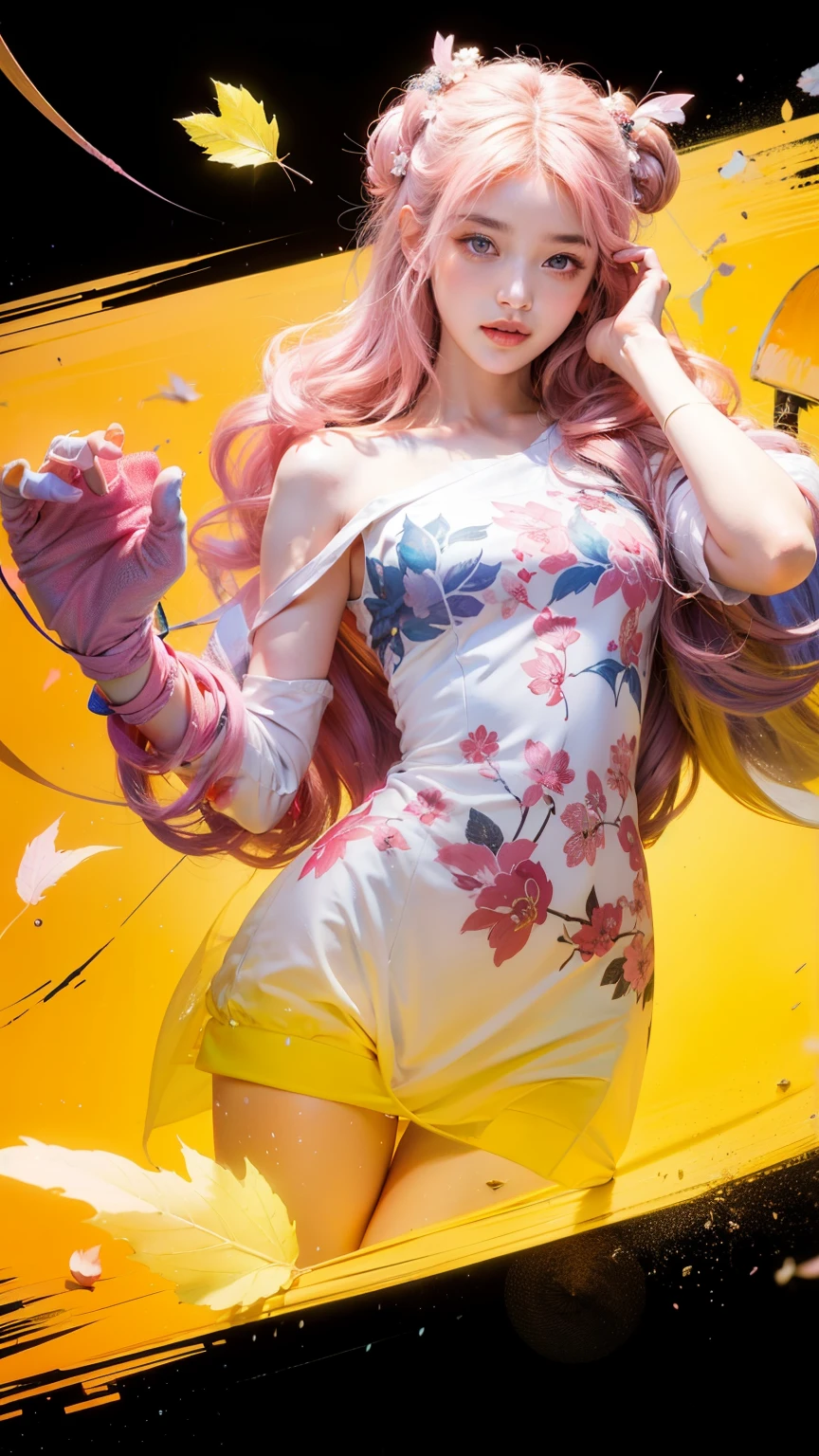 Light pink hair, pink eyes, pink and white, sakura leafs, vivid colors, white dress, paint splash, simple background, ray tracing, wavy hair