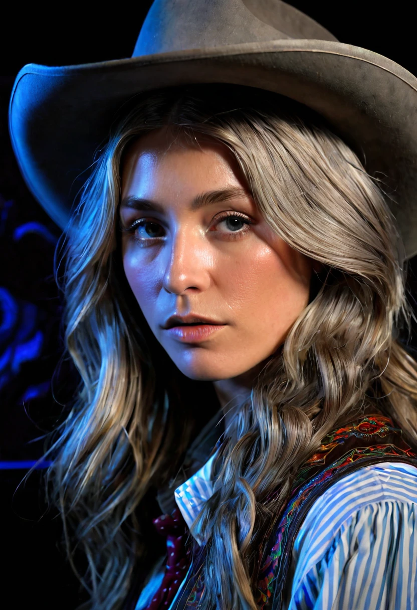 (Front Focus),(In the Dark:1.6), Hyperrealist Female Portrait by David Hockney and Alphonse Mucha,Fantasy art, Photorealistic, Dynamic Lighting, Art Station, Poster, Volumetric lighting, Highly detailed face, 4k yen, Awards,, One person, In the Dark, Deep Shadow, Modest,Cowboy Shot,(Official attire:1.4) ,Long Hair,Gray Hair,