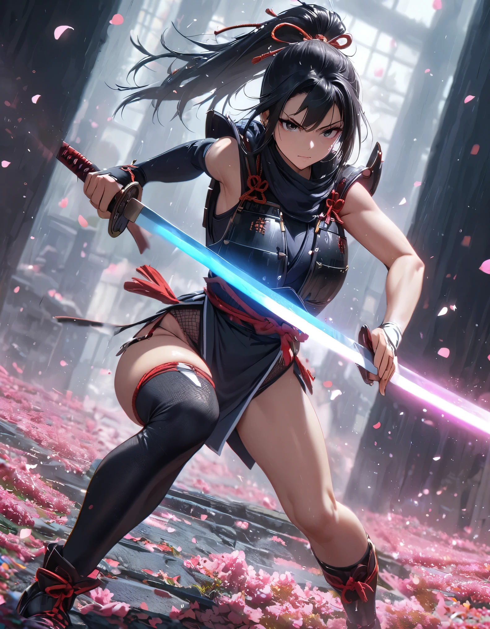 (beautiful legs:1.5), agressive posing, ninja cosutume