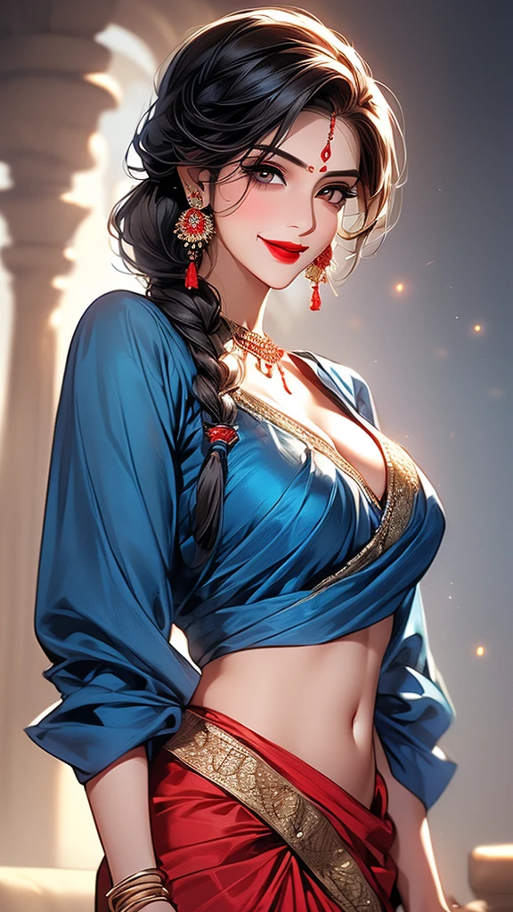 ((1woman, mature,single hair braid,saree, big long  jhumka earrings , detailed alluring eyes, smooth detailed lips, beautiful face, smiling ,red lipstick ,navel,bangles,blue ribbon,full sleeve blouse, cleavage 