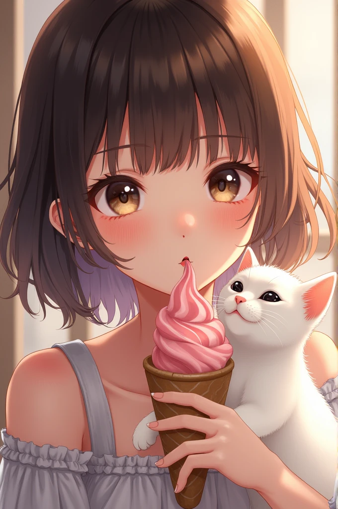1girl,beautiful detailed eyes,beautiful detailed lips,extremely detailed eyes and face,longeyelashes,brunette,brown eyes,holding a white cat,eating ice cream,(best quality,4k,8k,highres,masterpiece:1.2),ultra-detailed,(realistic,photorealistic,photo-realistic:1.37),cute,adorable,sweet,serene,peaceful,delicate,intricate,soft lighting,warm colors,pastel,dreamy