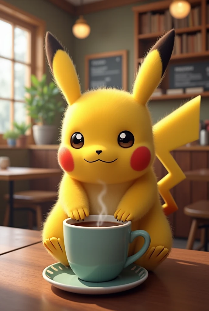 Pikachu drinking coffee
