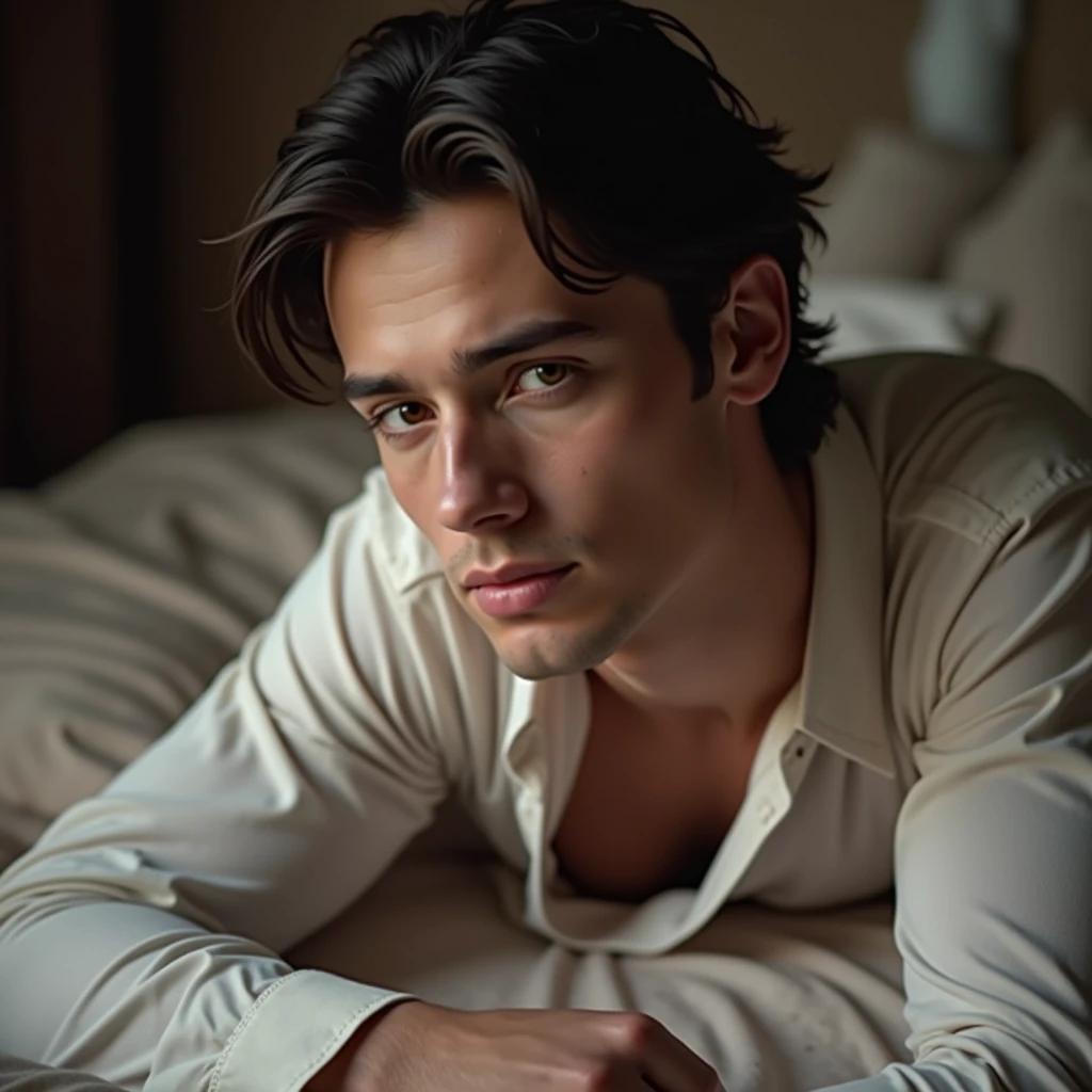 A white man, at 33 years old, model type, with short dark hair, with clear eyes, wearing arabic shirt, socks and boxers lying face down on the bed stretching