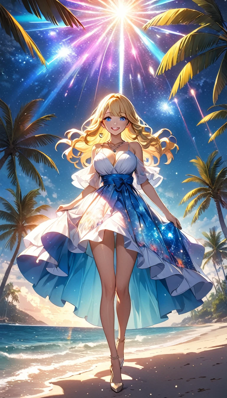 (masterpiece、Highest quality、8k、High resolution)、Best Style、(The most beautiful girl in anime)、(Clear skin、Clean blue eyes、Beautiful lips、Beautiful nose)、smile、Beautiful white upper teeth、Blonde Hair、Ample breasts、Walking on the beach、Palm tree、Beautiful starry sky、milky way、(Body、whole bodyからMystical particles of light、Mystical particles of light、Mystical particles of light、Colorful Light、Vibrant colors)、The area around the head is brightly lit with a mysterious light.、Vibrant colors、(jewelry、necklace)、dress、(whole body)、Highly detailed anime art、A complete portrayal、