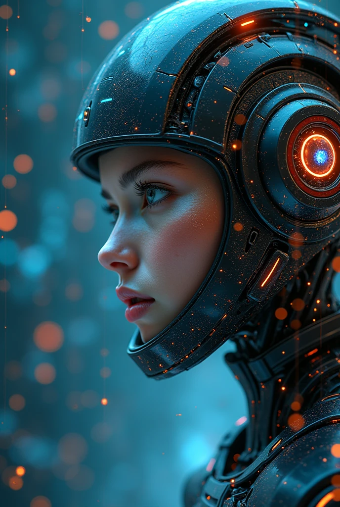 Full body, floating, Immersed in sidereal space, floating in the neural network of data, A woman depicted in a highly detailed and realistic manner, with a robot-like appearance. In the background we have infinite space in nothingness, in the darkness billions of neural connections of data from all parts of the world are perceived, by the integration of the use of the Internet of information that is integrated within them for communication between people, a Neural Network of information, She is wearing a helmet and appears to be standing in front of a blue background. The woman's face is shown in close-up, and she is positioned in the center of the image. The background also includes a few other elements, such as a clock and a book, which are placed towards the right side of the image. The overall composition of the image gives it a futuristic and advanced feel, with the woman seemingly interacting with the robot-like structure. in the background, the infinite space, with flashes of colors by the neural connections and the energy and the information that is processed by the international data for the development of artificial intelligence and the optimization of processes. Beautiful landscape of outer space with billions of information connections that form nebulae, floating in space, AI learning development. We optimize information and collect prompts for learning and neural development of AI with Google GEMINI PRO 1.5 pro experimental 0801Developing AI learning. Masterpiece:1.3 , (masterpiece、:1.3)、(highest quality:1.4)、(Super high resolution:1.2)、Super high resolution、(detailed eye)、(detailed connection ngign. a close-up of a robot's head, with a focus on the intricate details of its mechanical structure. The robot's head is made of metal and appears to be a combination of a human face and a robot's mechanical design. The robot's head is surrounded by various wires, giving it a futuristic and advanced appearance. The close-up view of the robot's head allows for a