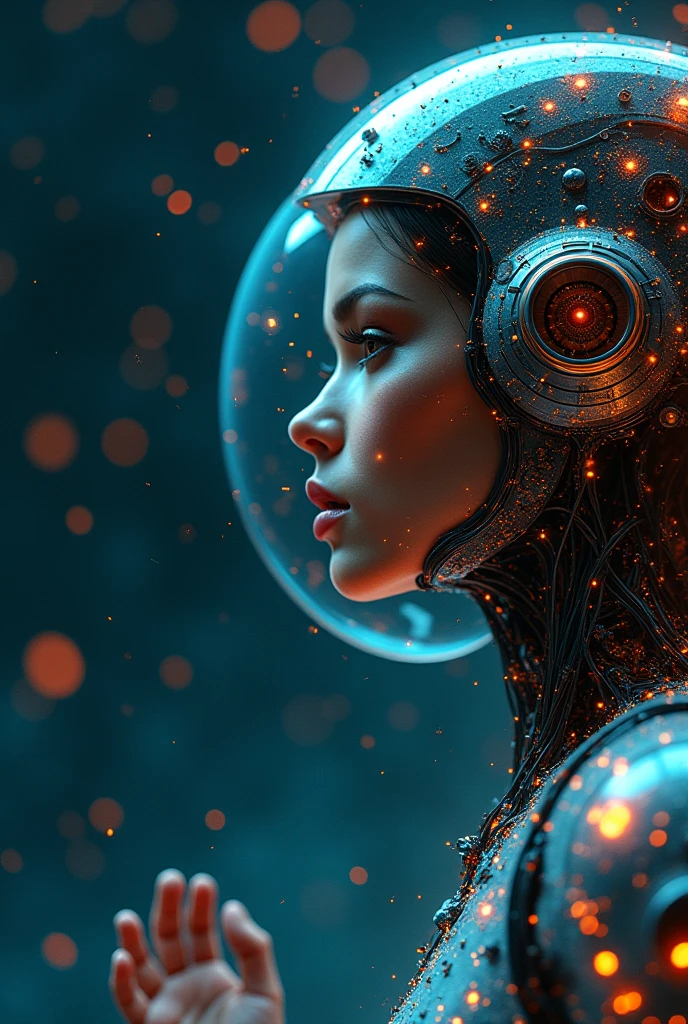 Full body, floating, Immersed in sidereal space, floating in the neural network of data, A woman depicted in a highly detailed and realistic manner, with a robot-like appearance. In the background we have infinite space in nothingness, in the darkness billions of neural connections of data from all parts of the world are perceived, by the integration of the use of the Internet of information that is integrated within them for communication between people, a Neural Network of information, She is wearing a helmet and appears to be standing in front of a blue background. The woman's face is shown in close-up, and she is positioned in the center of the image. The background also includes a few other elements, such as a clock and a book, which are placed towards the right side of the image. The overall composition of the image gives it a futuristic and advanced feel, with the woman seemingly interacting with the robot-like structure. in the background, the infinite space, with flashes of colors by the neural connections and the energy and the information that is processed by the international data for the development of artificial intelligence and the optimization of processes. Beautiful landscape of outer space with billions of information connections that form nebulae, floating in space, AI learning development. We optimize information and collect prompts for learning and neural development of AI with Google GEMINI PRO 1.5 pro experimental 0801Developing AI learning. Masterpiece:1.3 , (masterpiece、:1.3)、(highest quality:1.4)、(Super high resolution:1.2)、Super high resolution、(detailed eye)、(detailed connection ngign. a close-up of a robot's head, with a focus on the intricate details of its mechanical structure. The robot's head is made of metal and appears to be a combination of a human face and a robot's mechanical design. The robot's head is surrounded by various wires, giving it a futuristic and advanced appearance. The close-up view of the robot's head allows for a