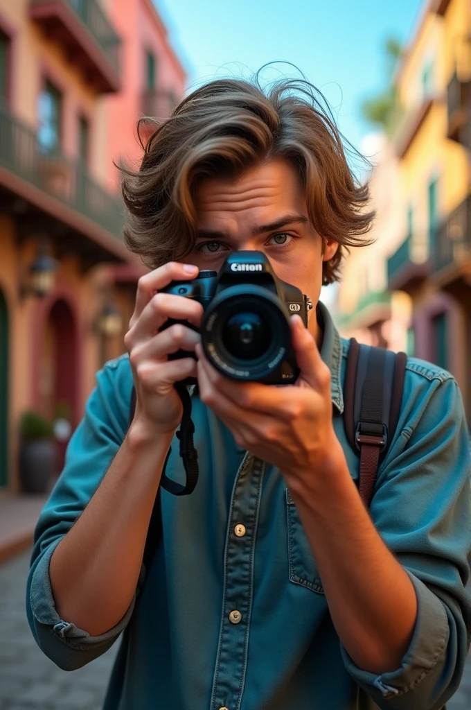 I want a photo where there is one guy of 19 years holfing camera in his hand and clicking photos where the guy have long hair not much too big but long