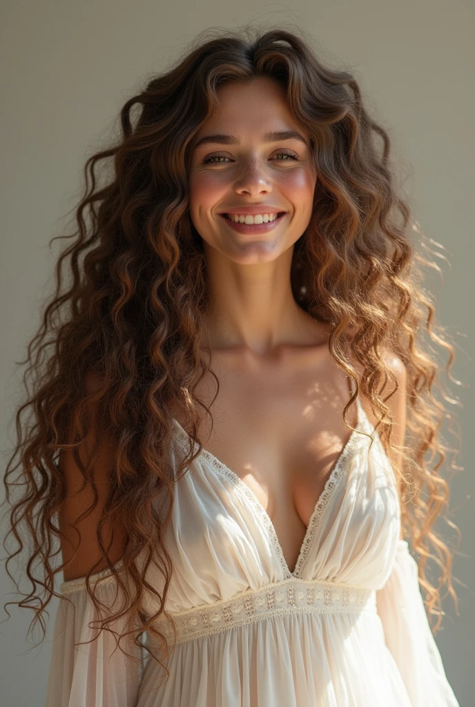 Une sublime et étonnante ukrainienne de 35 ans heureuse et rayonnante, peau blanche et claire, tout le corps portrait, cheveux blancs bouclés, Cheveux très longs et bouclés corinthien sauvage et volumineux, (cheveux très longs descendants jusqu'aux hanches), grandes boucles volumineuses brillantes, boucles avec des reflets, chevelure très dense et très volumineuse, Cheveux Multivers fractals, mexicain, boucles multiples, cheveux volumineux, cheveux fusés, cheveux ondulés étendus, boucles baroques, boucles, Bouclé, cheveux Bouclé, texture des cheveux, frange Bouclé, habillée d'une robe blanche fine et légère