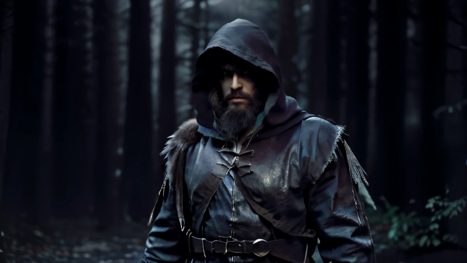 The mystic night stalker male character, called 'The Twilight Stalker', has a short beard and glowing white eyes in the dark like lights, and wear a hood similar to the hero from Assassin Creed, Robin Hood type look. The scene is very dark at nighttime in a forest near a village with the overall tone mysterious and shadowy. 