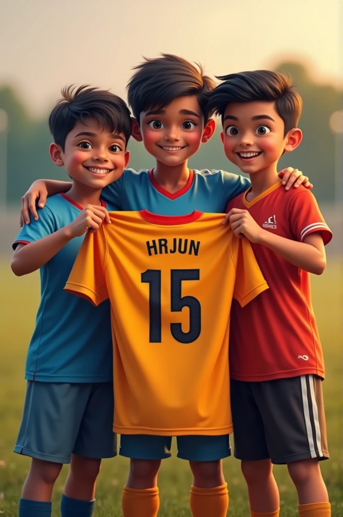 3 friends holding a football jersey the boy name shubham written on the Jersey and another name is Sukit written on the Jersey and the last name is arjun written on the jersey