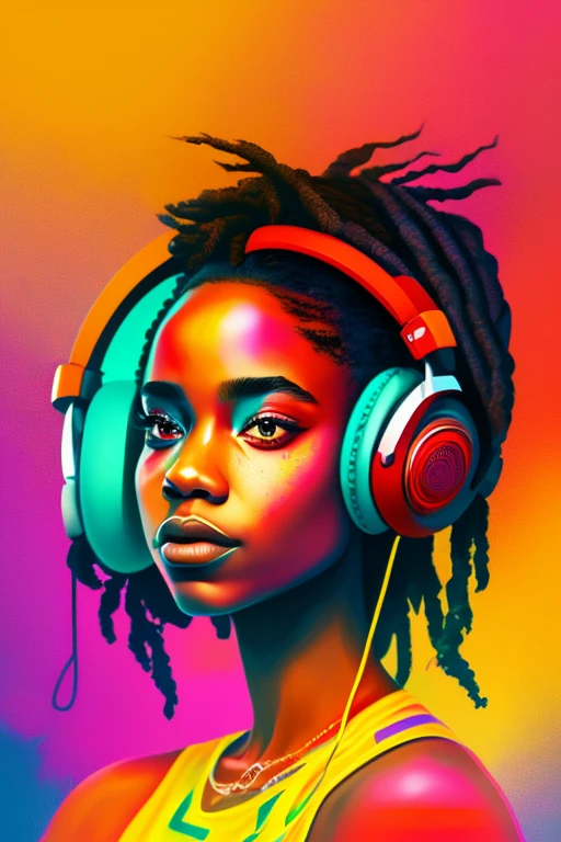 A girl with beautiful detailed eyes, beautiful detailed lips, extremely detailed face and long eyelashes, in a colorful background filled with scattered musical notes in various sizes and colors, creative logo illustration of a silhouette with dreadlocks and red headphones, beautiful detailed color palette, vibrant colors, cinematic lighting, ethereal atmosphere, (best quality,4k,8k,highres,masterpiece:1.2),ultra-detailed,(realistic,photorealistic,photo-realistic:1.37),portrait,concept art