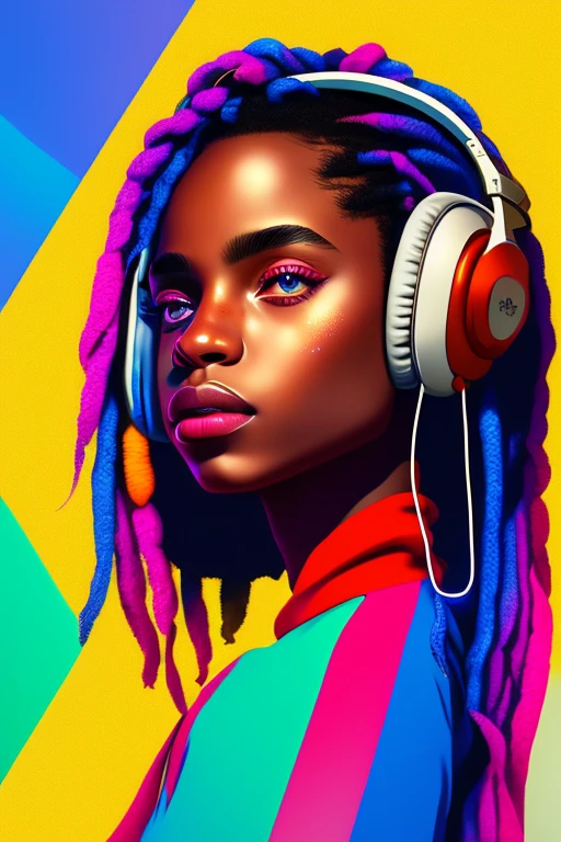 A girl with beautiful detailed eyes, beautiful detailed lips, extremely detailed face and long eyelashes, in a colorful background filled with scattered musical notes in various sizes and colors, creative logo illustration of a silhouette with dreadlocks and red headphones, beautiful detailed color palette, vibrant colors, cinematic lighting, ethereal atmosphere, (best quality,4k,8k,highres,masterpiece:1.2),ultra-detailed,(realistic,photorealistic,photo-realistic:1.37),portrait,concept art