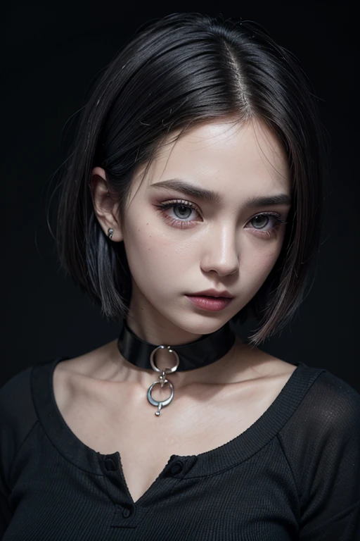 masterpiece, Best Quality,3d rendering work ,3DMM style,close up,portrait, 3D,1 girl, Alone, multicolor fur, For the blue, black fur, collar, parts, jewelry, two tone hair, looking to the side, realist, Upper part of the body, simple background, hits, looking away, short hair, parted Lips, black eyes, Lips, Gothic, choker, make up, mole, black shirt, shirt, watermark