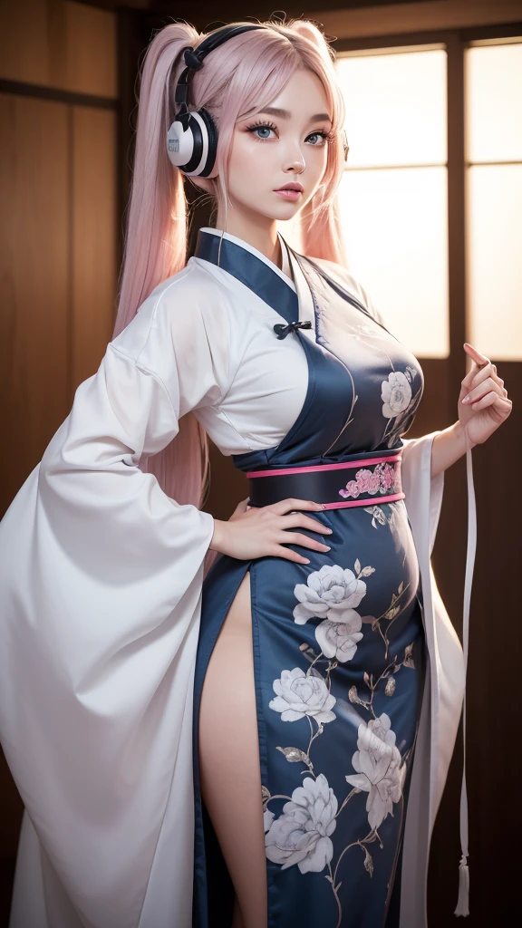 (I draw the whole body of a beautiful girl standing facing forward, wearing a traditional Chinese-like Japanese dress. She is wearing headphones in a recording studio.) (This beautiful girl is 18% Japanese, 26% French, and 56% Ukrainian, 178cm tall, has a small bust but is stylish and has a beautifully proportioned figure.) (Her hair is very long, reaching down to her ankles, pinkish gray, tied in twin tails with black ribbons, and curled in a spiral at the end.) (Her eyebrows are the same color as her hair, slightly thick and short, and her eyelashes are long.) (Her big blue eyes reflect the light of the lighting and are amazingly beautiful like pearls.) (Her nose bridge is high like an English person's, her lips are plump and kissable, her skin is translucent white, and the balance between her head and face is traditionally Japanese.) Aesthetics. The number of fingers is also noteworthy. Not too many, not too few, and even her fingertips are delicately expressed. (masterpiece, ultra-detailed, highest quality, artistic composition, ultra-accurate, photorealistic, high resolution, dynamic lighting effects, consider the proportions of the whole composition, ultra-realistic). Try to emphasize facial expressions and appearance. Do your best to meet all these criteria.