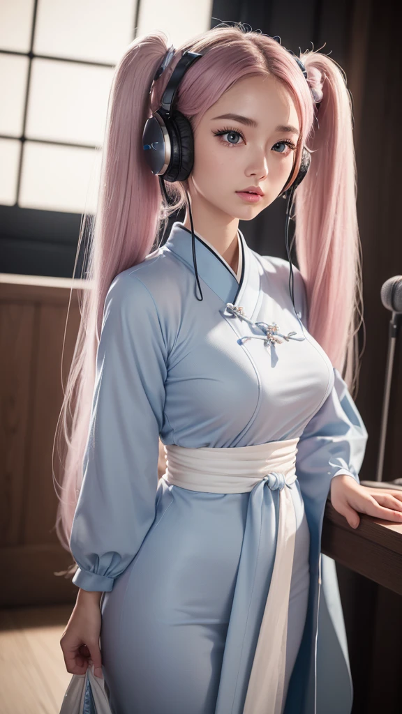 (I draw the whole body of a beautiful girl standing facing forward, wearing a traditional Chinese-like Japanese dress. She is wearing headphones in a recording studio.) (This beautiful girl is 18% Japanese, 26% French, and 56% Ukrainian, 178cm tall, has a small bust but is stylish and has a beautifully proportioned figure.) (Her hair is very long, reaching down to her ankles, pinkish gray, tied in twin tails with black ribbons, and curled in a spiral at the end.) (Her eyebrows are the same color as her hair, slightly thick and short, and her eyelashes are long.) (Her big blue eyes reflect the light of the lighting and are amazingly beautiful like pearls.) (Her nose bridge is high like an English person's, her lips are plump and kissable, her skin is translucent white, and the balance between her head and face is traditionally Japanese.) Aesthetics. The number of fingers is also noteworthy. Not too many, not too few, and even her fingertips are delicately expressed. (masterpiece, ultra-detailed, highest quality, artistic composition, ultra-accurate, photorealistic, high resolution, dynamic lighting effects, consider the proportions of the whole composition, ultra-realistic). Try to emphasize facial expressions and appearance. Do your best to meet all these criteria.