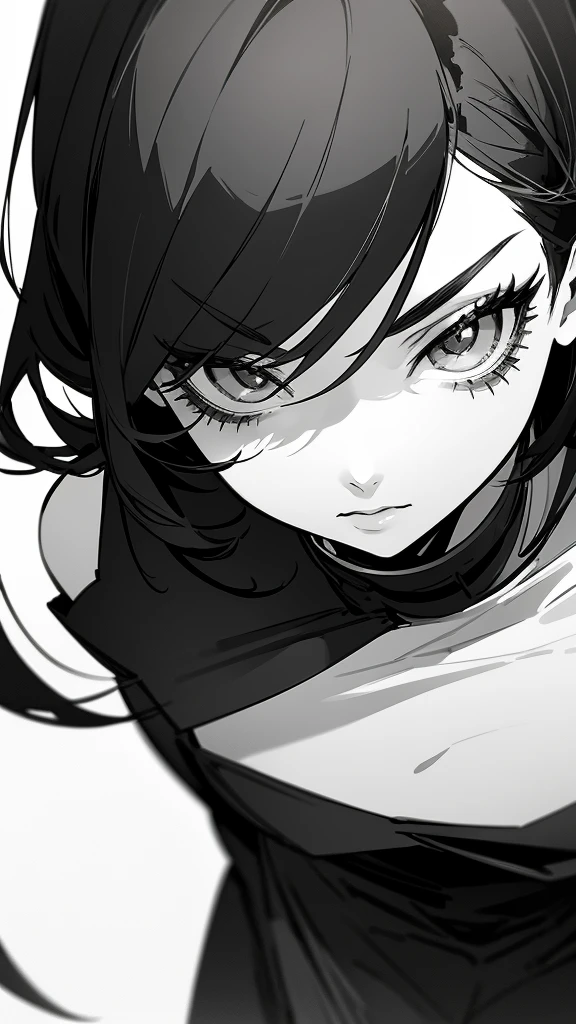 anime elegant young woman. one length haircut, straight hair,  detailed face, She has sharp, features, siren eyes long eyelashes. posing normally, standing straight , close up photo Her outfit is party dress, no color, black and white only, black outline, white background, less sensitivity of outlines, (black outlines 0.25)