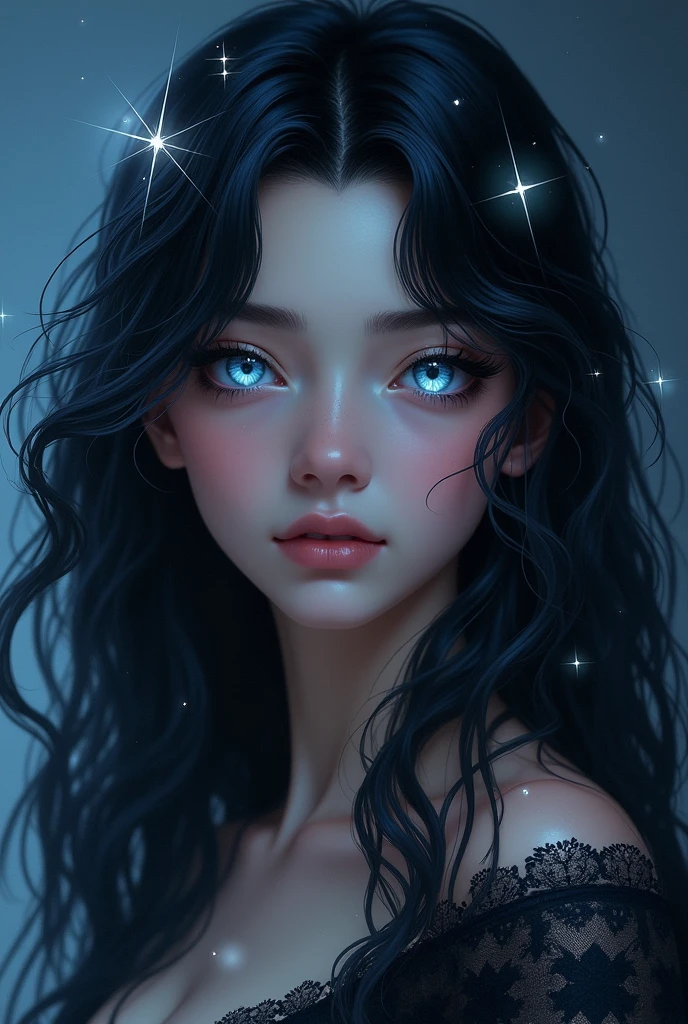 Silvia Jackson, , He has black hair with silver streaks, long and wavy, with a glow similar to that of a river under moonlight. Her eyes are light blue with six-pointed stars that shine softly in her iris.."