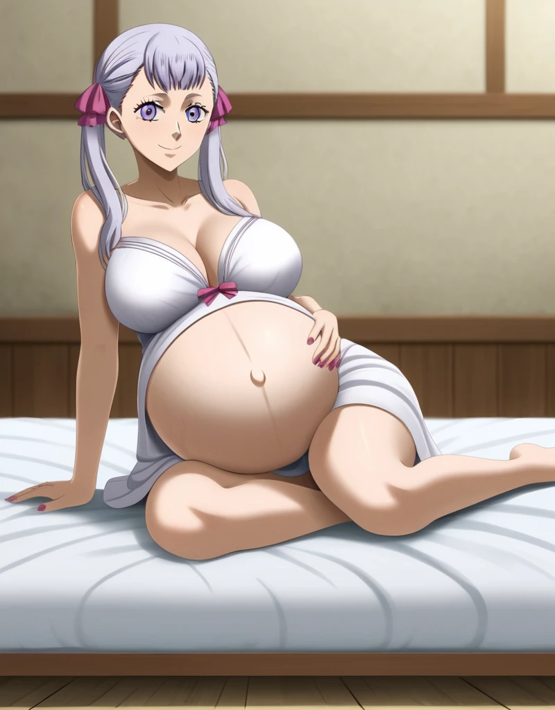 noelle_blackclover, Noelle Silva, Black Clover, long silver hair, waist-length hair, half-up half-down hairstyle, ribbon, soft waves, side-parted bangs, almond-shaped blue eyes, high-quality, ultra-detailed, beast quality, 8K resolution, anime style,
looking at viewer, smile, pregnant belly, large belly, huge belly, big Breasts, Lying down,
1girl,solo, indoors, happy, Smiling, rub belly,
full body, Nail polish, 